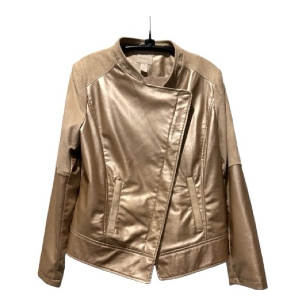 Chico’s Metallic Gold Faux Leather Moto Jacket Size 1 (M) Asymmetrical